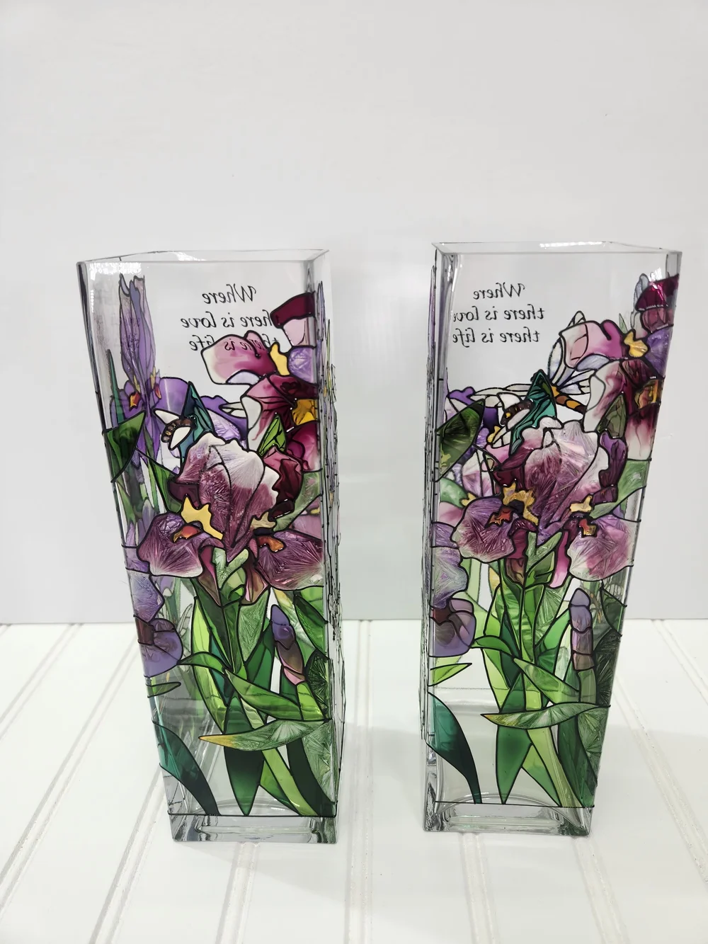 Vintage Joan Baker Designs Set of 2 Hand-Painted Stained Glass Vases
